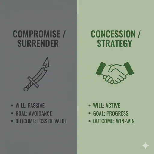 妥協（COMPROMISE / SURRENDER）と譲歩（CONCESSION / STRATEGY）を、意志（WILL）と結果（OUTCOME）の軸で比較した英語のインフォグラフィック。