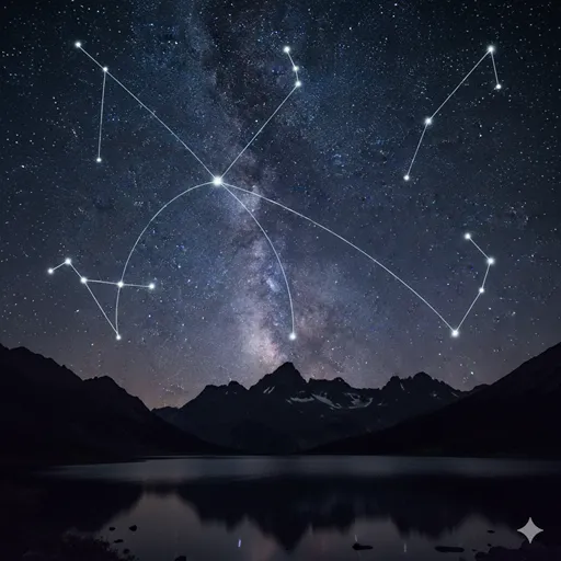 夜空に輝く無数の星（用例）と、それらを線で結んで形作られた星座（用法）。
