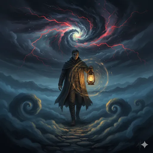 暗闇の中で、一筋の光を放つランタンを持ち、険しい道を冷静に進んでいく人物のイメージ。