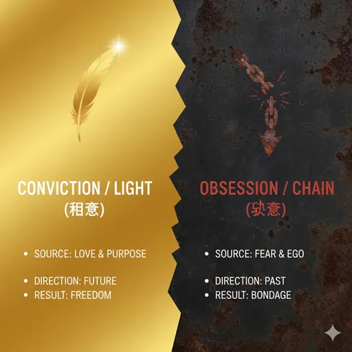 信念(CONVICTION / LIGHT)と執念(OBSESSION / CHAIN)を、源泉(SOURCE)と方向(DIRECTION)で比較した英語のインフォグラフィック。