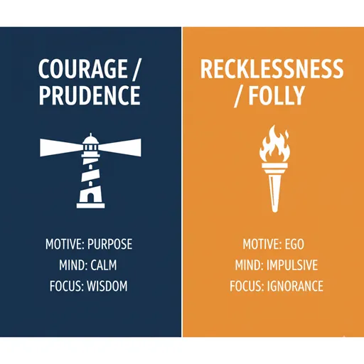 勇気(COURAGE / PRUDENCE)と蛮勇(RECKLESSNESS / FOLLY)を、準備(PREPARATION)と動機(MOTIVE)で比較した英語のインフォグラフィック。