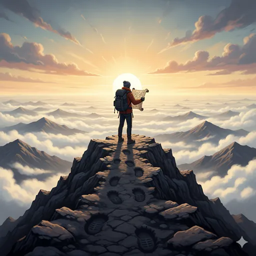 山頂に立つ人物が、自らの足跡(経験値)を振り返りつつ、手にした地図(経験則)を広げて新しい地平線を見つめる姿。