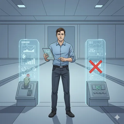 複数の選択肢がある道筋の中で、冷静な人物が論理的な分析チャートを見ながら、一つの道を意図的に閉鎖し、別のより効率的な道を選ぶ決断をしている様子