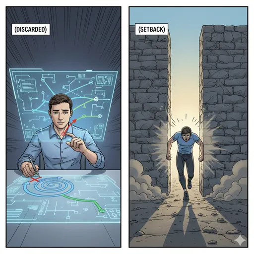 「断念」を、冷静な人物がロジカルなチャートを指さし、別の道を選ぶ様子として、「挫折」を、外部からの巨大な岩に道を塞がれ、人物が立ち尽くしている様子として対比させたイラスト