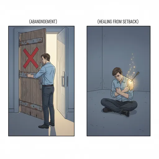 「断念」を、決意を秘めた人物が古いドア(過去の計画)を自ら閉め、新しいドア(次の目標)を開ける様子として、「挫折」を、外部からの矢によって傷ついた人物が、傷の手当(回復)をしている様子として表現したイラスト