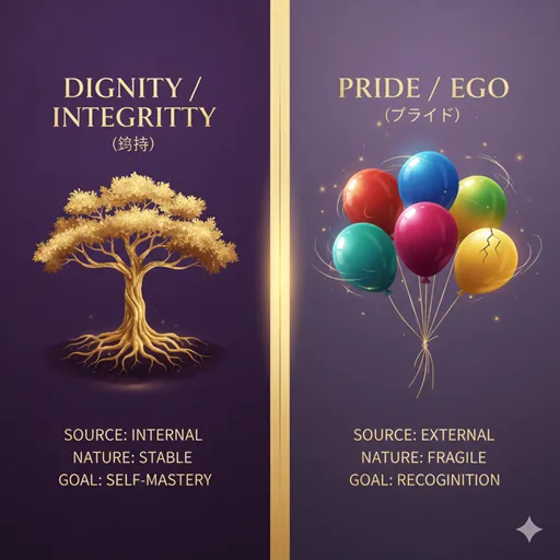 矜持(DIGNITY / INTEGRITY)とプライド(PRIDE / EGO)を、評価の源泉(SOURCE)と性質(NATURE)で比較した英語のインフォグラフィック。