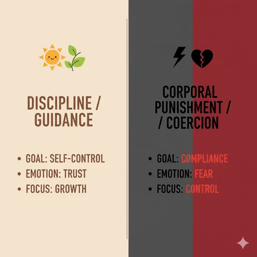 しつけ（DISCIPLINE / GUIDANCE）と体罰（CORPORAL PUNISHMENT / COERCION）を、目的（GOAL）と感情（EMOTION）の軸で比較した英語のインフォグラフィック。
