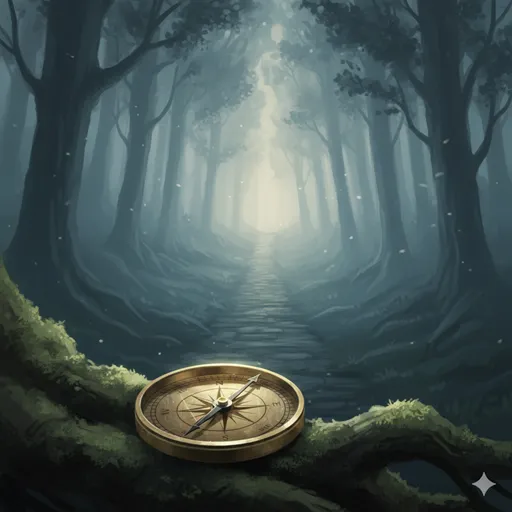 霧の立ち込める森の中で、古びたコンパス(方位磁石)が明確な方角を指し示している様子。