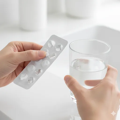 薬のシートから一錠を取り出し、水とともに正しく飲もうとする瞬間の手元のクローズアップ。