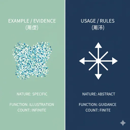 用例（EXAMPLE / EVIDENCE）と用法（USAGE / RULES）を、性質（NATURE）と機能（FUNCTION）で比較した英語のインフォグラフィック。