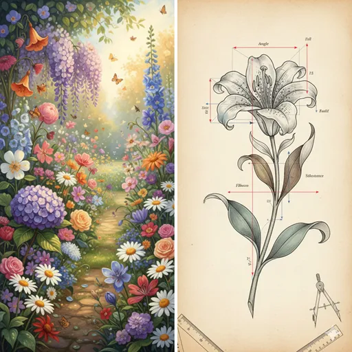 実際に咲いている色とりどりの花々（用例）と、その花の構造や育て方が整然と描かれた図鑑（用法）の対比。
