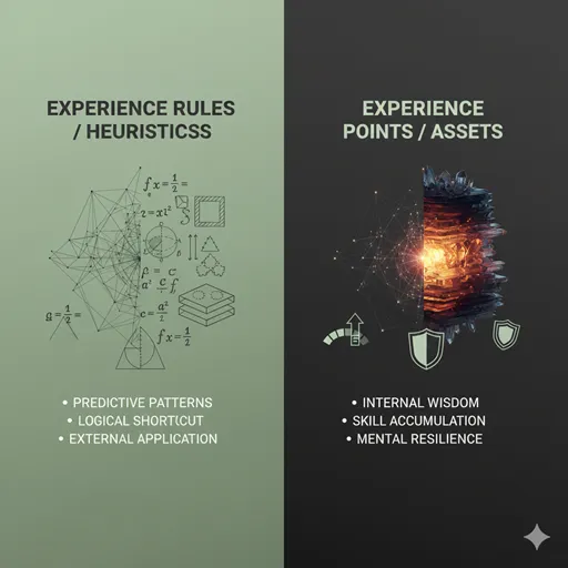 経験則(RULES)と経験値(POINTS)を、応用(APPLICATION)と成長(GROWTH)の軸で比較した英語のインフォグラフィック。