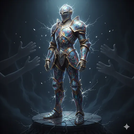 ガラスでできた美しいが脆い鎧を身にまとい、小さな衝撃でひび割れが入る様子。