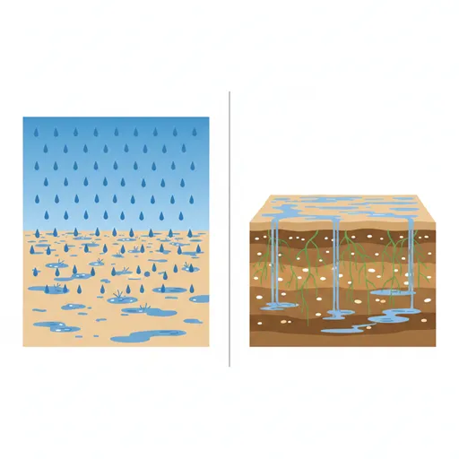 「普及」を地表全体に雨が広く降る様子として、「浸透」をその雨水が地中深くの根や地下水にまでしみ込んでいく様子として対比させたイラスト