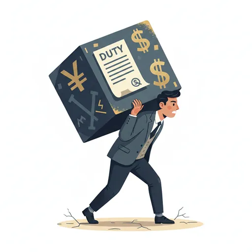 人が書類や金銭を象徴する重い箱を自らの肩に担ぎ、積極的に責任を負っている様子。経済的または道義的な義務の引き受けを強調している