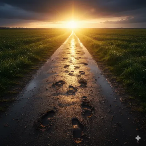 荒れた道の先に広がる、美しく舗装された黄金色の道と、そこへ向かって力強く伸びる足跡。