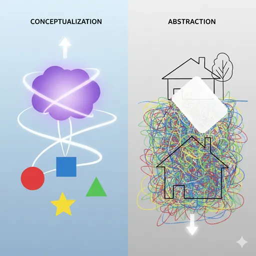 「概念化」を、多数の個別要素を上層で一つに統合するピラミッドとして、「抽象化」を、詳細な絵画から不要な色や線を削ぎ落として本質的な線画だけを残すプロセスとして対比させたイラスト