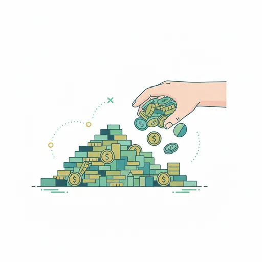 数値を迅速に計算するため、積まれたコイン（費用）を、正確な計算ではなく手のひらで大まかにすくって重さを量っているイラスト