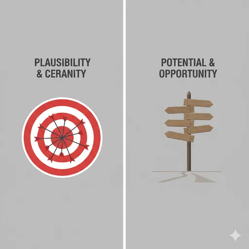 PLAUSIBILITY(蓋然性)を指す的の中心に近い矢印と、POTENTIAL(可能性)を指す無数の選択肢のアイコン。
