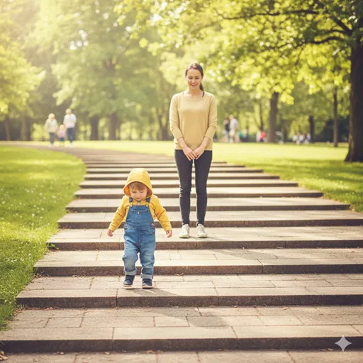 階段を上る子供の背中にそっと手を添え、自分の足で一歩ずつ進むのを見守っている親の温かな後ろ姿。