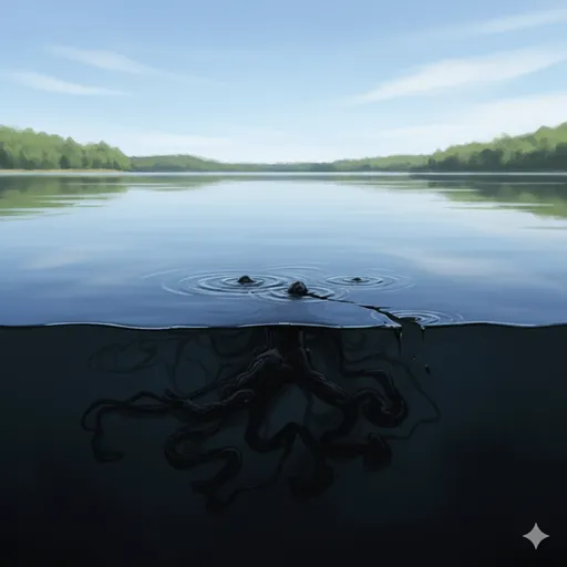 穏やかな水面のすぐ下に、黒いインクのような影がゆっくりと広がっていく様子。