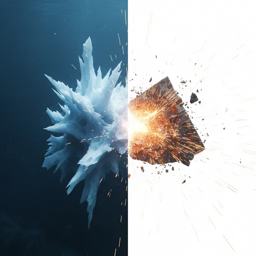 静かに冷たい光を放つ氷の塊（反感）と、激しく火花を散らしてぶつかり合う金属（反発）を対比させたイラスト。