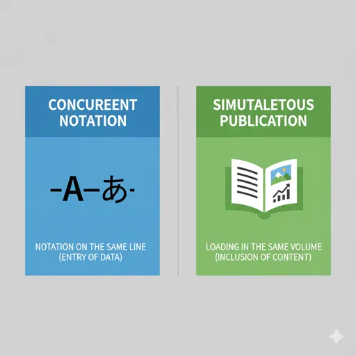 「併記」と「併載」の違いを「対象の性質（Subject Nature）」や「提示の場（Presentation Medium）」などで比較したインフォグラフィック