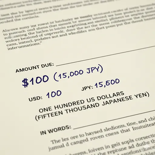 契約書などのフォームに、ドルと円の金額が括弧書きで並列して書き込まれている様子。