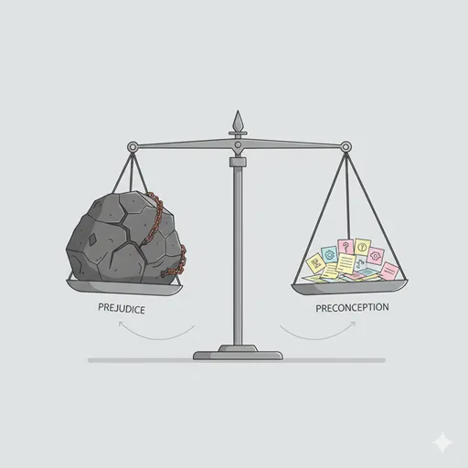 「偏見」を、秤の片側に重い石として乗せ、倫理的な重さを強調し、「先入観」を、もう片側に軽い情報カードとして乗せ、修正可能性を強調したイラスト