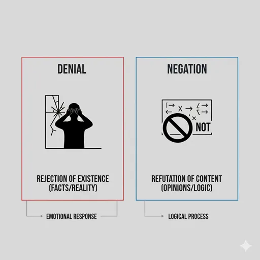 「否認」と「否定」の違いを「対象（Target）」や「行為の性質（Nature of Action）」などで比較したインフォグラフィック