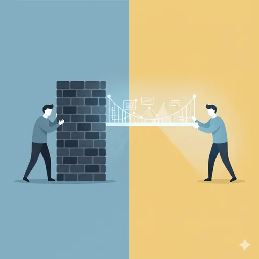 一方が壁を作って議論を拒否し（否定）、もう一方が橋を架けるように論理（データ）を示しながら対話を試みている（反論）様子を表すイラスト