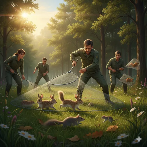 逃げようとする野生動物の周りに研究者かハンターが大きな網をかけ、その動物の移動を制限し捕まえている様子