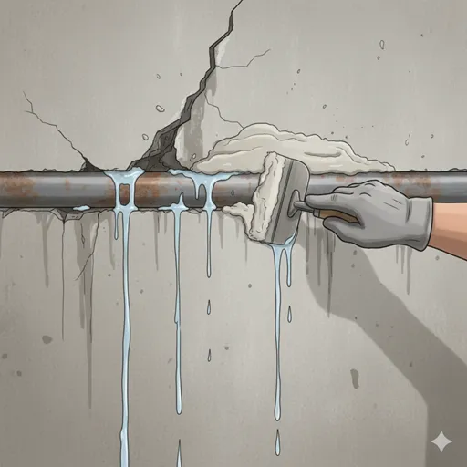劣化して水が漏れている水道管の穴に、作業員が接着剤やテープなどの応急処置材を貼って、元の機能を取り戻している様子