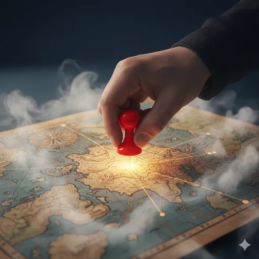 地図上の未知の領域に、ピンを刺して「ここが目的地だ」と定めている手元のクローズアップ。