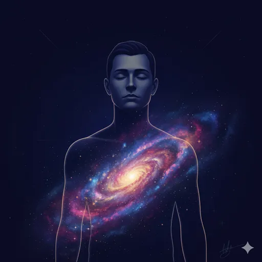 自分の内側に広がる無限の宇宙を抱きしめ、静かに、しかし力強く微笑む人物の横顔。