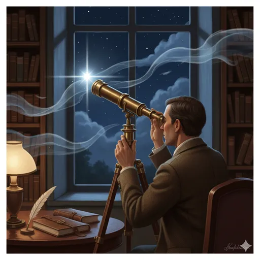 天体望遠鏡を覗き込み、流れる雲（通説）の先にある輝く星（定説）を見極める知的な人物の姿。