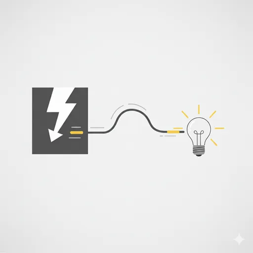 原因（雷）が、時間的な先行と作用機序（導線）を伴い、結果（電球の点灯）を必然的に引き起こす、一方向の作用連鎖を表すイラスト