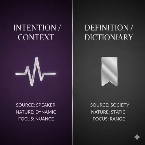 語意（INTENTION / CONTEXT）と語義（DEFINITION / DICTIONARY）を、源泉（SOURCE）と特性（NATURE）で比較した英語のインフォグラフィック。