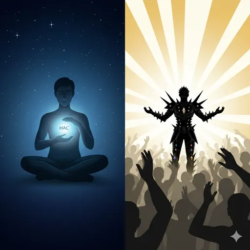 自分の内側で静かに輝く光を守る人物（矜持）と、鏡に映る自分を着飾らせて他人の視線を気にするシルエット（プライド）の対比。