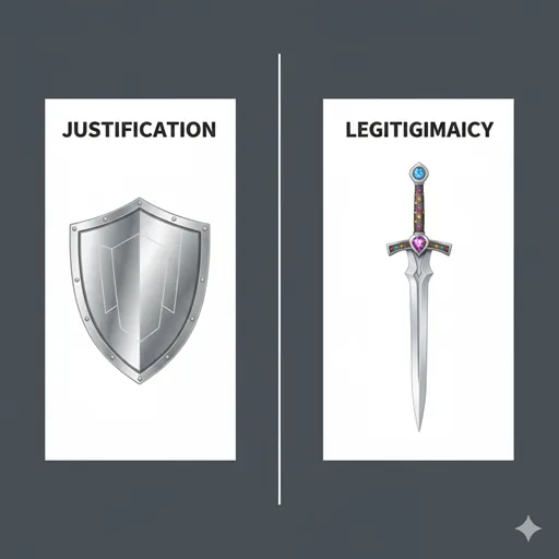 JUSTIFICATION(正当性)を象徴する守りの盾と、LEGITIMACY(正統性)を象徴する王家伝来の剣。