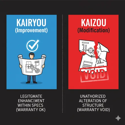 「改良」と「改造」の違いを「変化の範囲(Scope of Change)」や「法的・責任(Legal / Liability)」などで比較したインフォグラフィック
