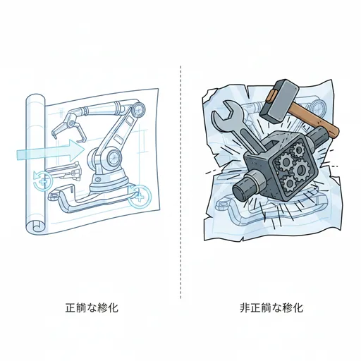 「改良」を、元々の設計図の上に小さな改善パッチやアップデートのマークが重ねられている様子として、「改造」を、製品の内部構造が破壊され、オリジナルの設計図を無視した大きな工具で非正規の部品が取り付けられている様子として対比させたイラスト