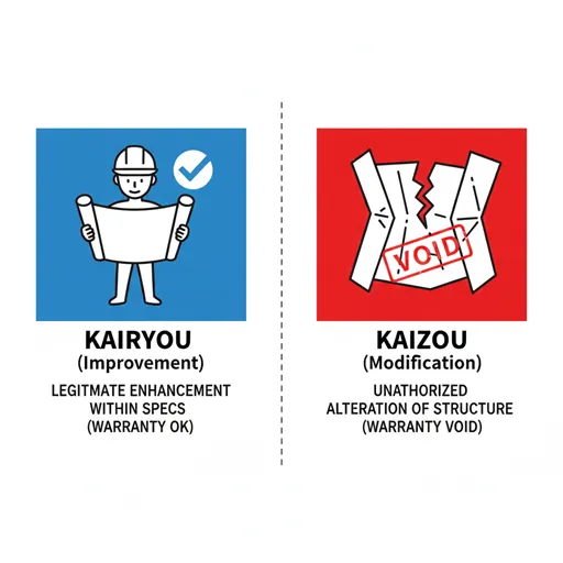 「改良」を、元々の建物を丁寧に修繕し、より高い屋根を乗せている(正当な進化)様子として、「改造」を、建物の基礎を無視して、ロケットエンジン(異物)を強引に取り付けている(非正統な変質)様子として対比させたイラスト