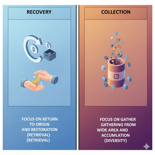 「回収」と「収集」の違いを「行為の目的（Purpose of Action）」や「対象の性質（Nature of Objects）」などで比較したインフォグラフィック