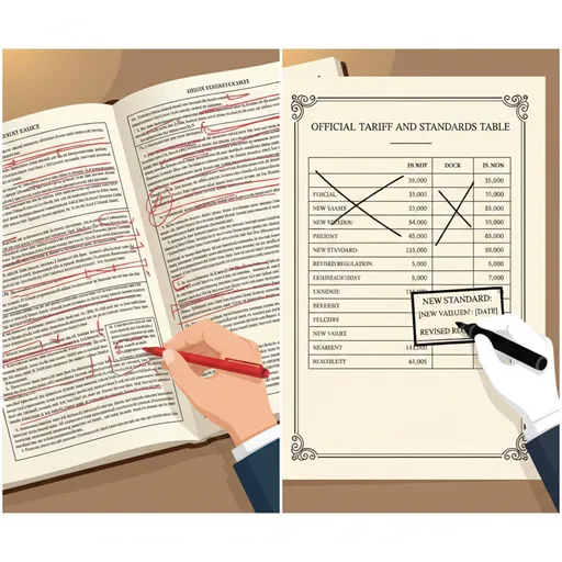 「改訂」を、文書を詳細に修正し内容の質を高めている様子として、「改定」を、料金表や数値基準を公式に変更している様子として対比させたイラスト