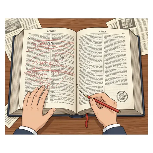 文書作成の過程で、古い文章や図版を新しい情報に基づいて丁寧に修正し、より正確で完全な文書に仕上げている様子