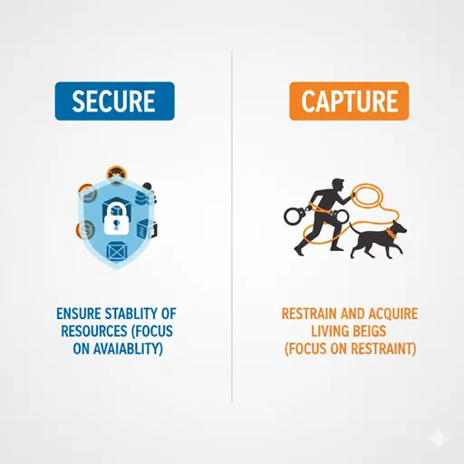 「確保」と「捕獲」の違いを「目的（Purpose）」や「対象の性質（Nature of Target）」などで比較したインフォグラフィック
