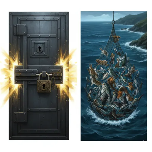 「確保」を、貴重な資源が入った倉庫に厳重な鍵をかけている様子として、「捕獲」を、網で魚などの動く生き物を捕らえている様子として対比させたイラスト