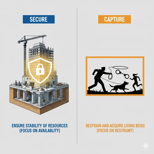 「確保」を、工事現場で基礎を固め、建物が安定的に建っている様子として、「捕獲」を、移動中の人（または動物）の手首に手錠がかけられている様子として対比させたイラスト