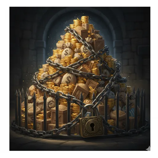 強い安全チェーンと南京錠で、燃料樽や資源の入った箱のような物資の備蓄が施錠され、安全が確保されている様子